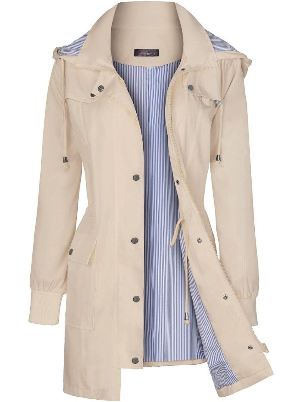 Women's Cream Hooded Waterproof Striped Climbing Windbreaker Trench Rain Coat